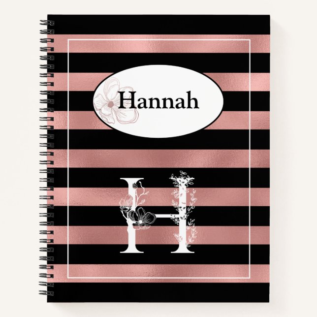 Personalised Rose Gold Stripes with Initial H Notebook (Front)