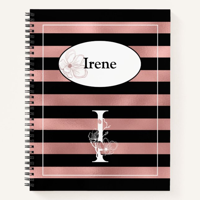 Personalised Rose Gold Stripes with Initial I Notebook (Front)