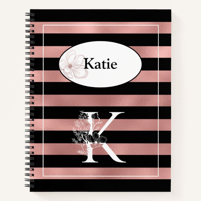 Personalised Rose Gold Stripes with Initial K Notebook (Front)