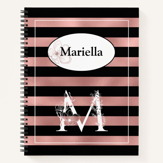 Personalised Rose Gold Stripes with Initial M Notebook (Front)