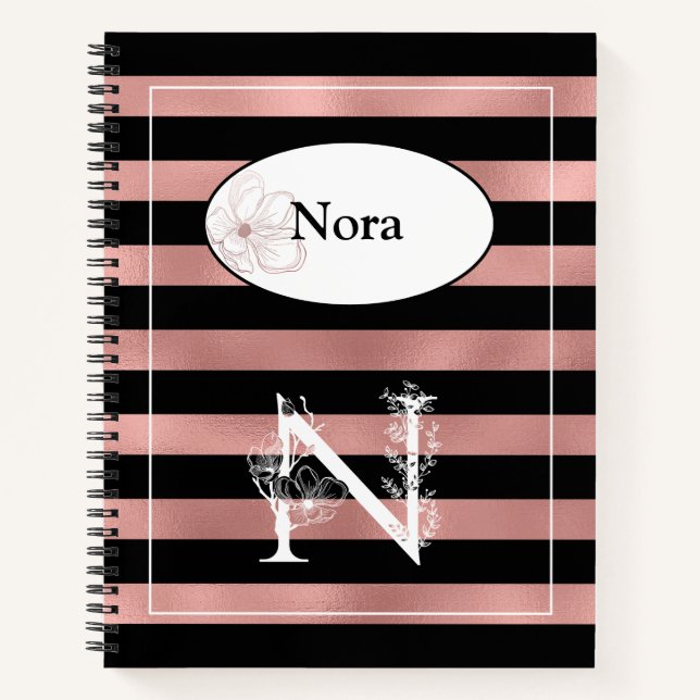 Personalised Rose Gold Stripes with Initial N Notebook (Front)