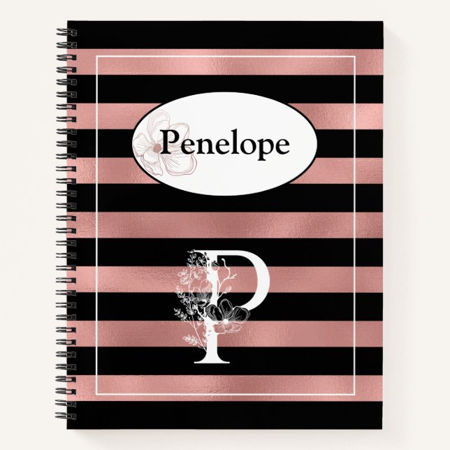 Personalised Rose Gold Stripes with Initial P Notebook (Front)