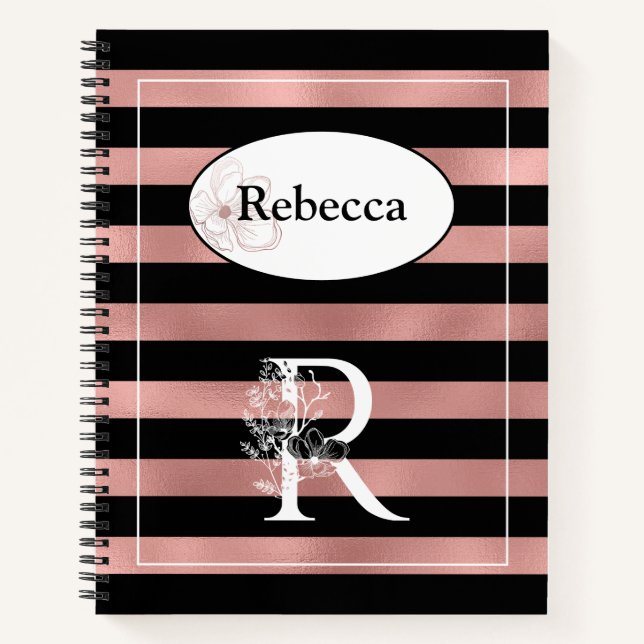 Personalised Rose Gold Stripes with Initial R Notebook (Front)