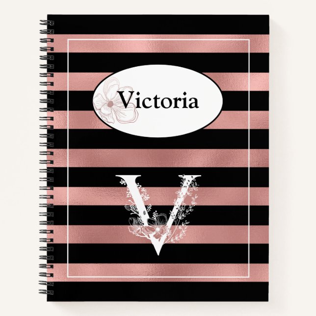 Personalised Rose Gold Stripes with Initial V Notebook (Front)
