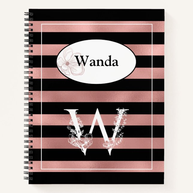 Personalised Rose Gold Stripes with Initial W Notebook (Front)