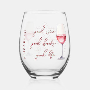 Personalised Rosé Pink Wine & Book Lover Quote Stemless Wine Glass