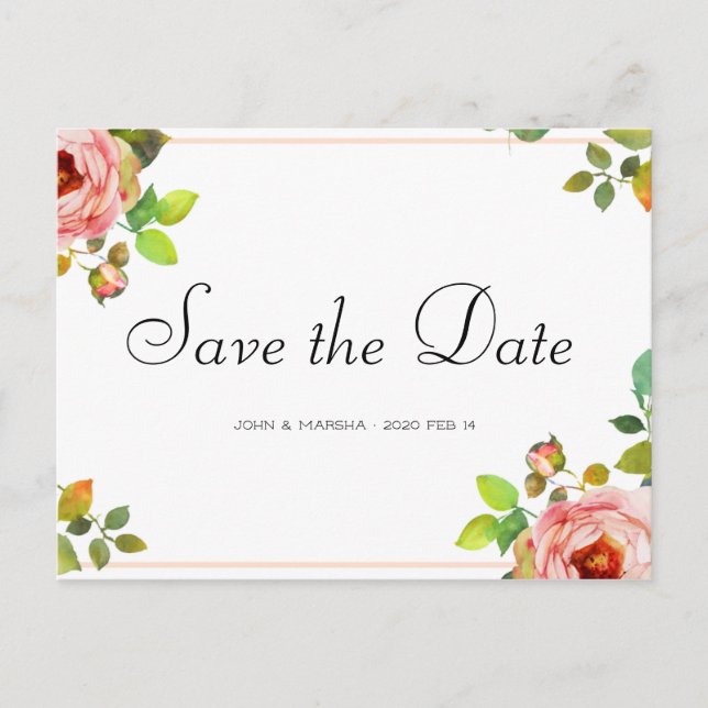 Personalised - Rose Watercolor Save the Date Postcard (Front)