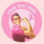 Personalised Rosie the Riveter Breast Cancer pink  Classic Round Sticker<br><div class="desc">Add your own text to this customisable pink ribbon Rosie the Riveter design.</div>