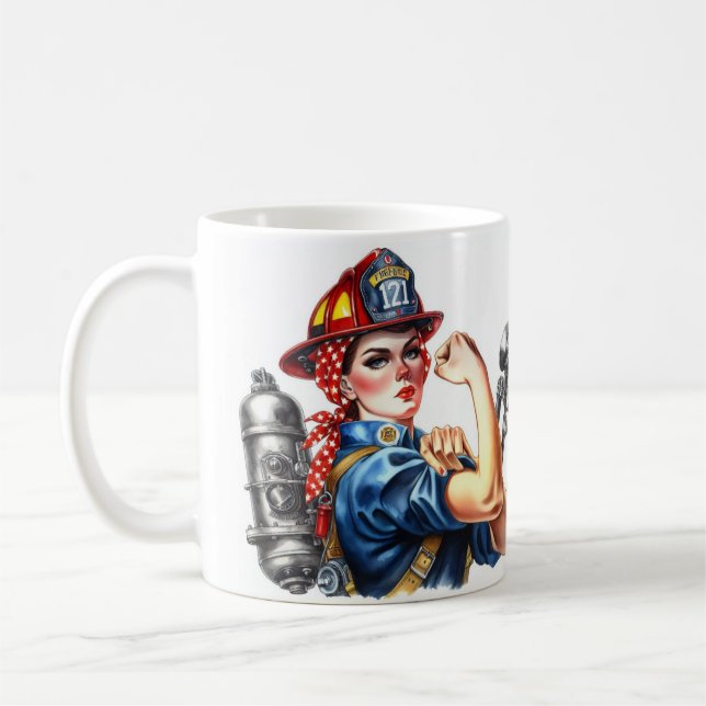 Personalised Rosie the Riveter Female Firefighter Coffee Mug (Left)