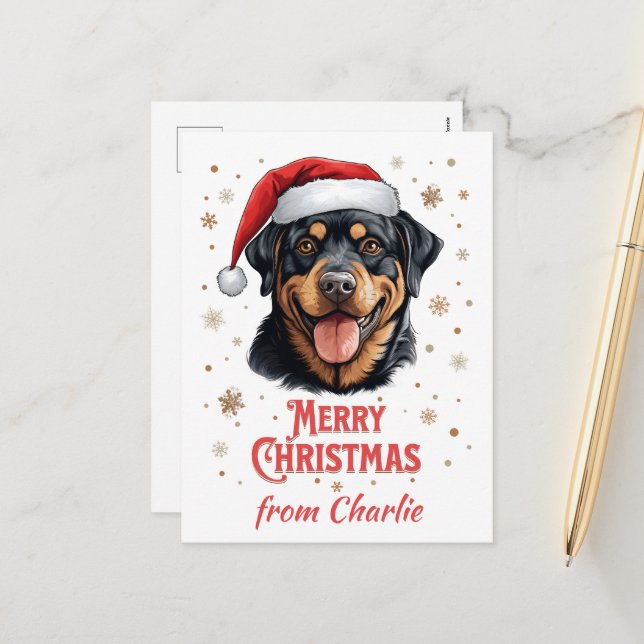 Personalised Rottweiler Dog Santa Merry Christmas Holiday Postcard (Front/Back In Situ)