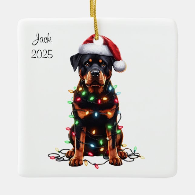 Personalised Rottweiler Dog Wearing a Santa Hat Ceramic Ornament (Front)