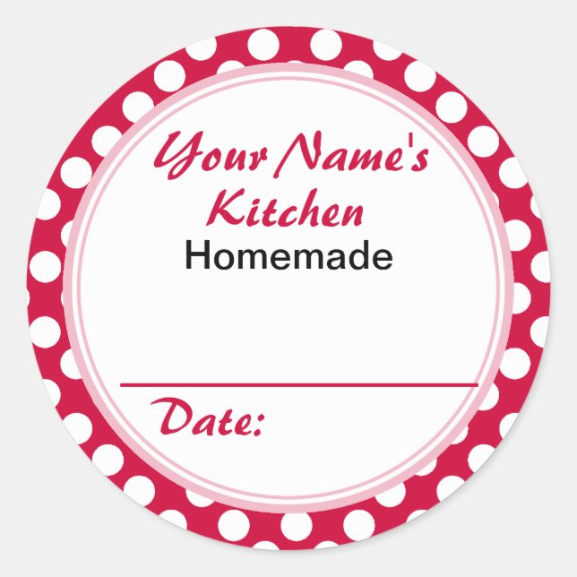 Personalised Round Baking Cooking Labels Red Dots (Front)