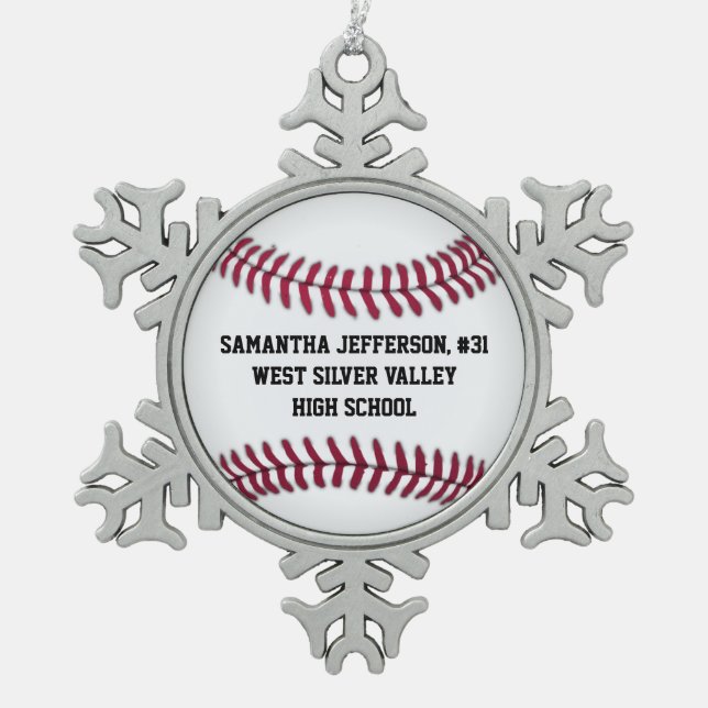 Personalised Round Baseball Sports Snowflake Pewter Christmas Ornament (Front)
