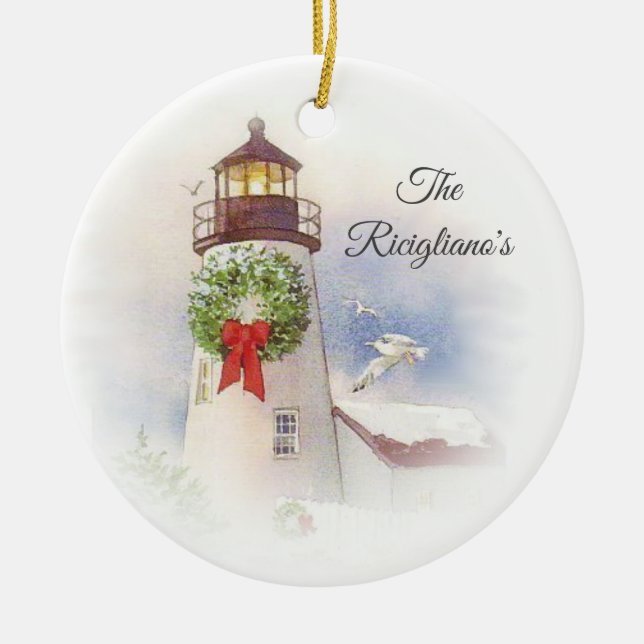 Personalised Round Ceramic Lighthouse Ornament (Front)