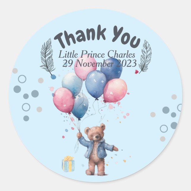 Personalised Round Circle Birthday Bear Balloons Classic Round Sticker (Front)