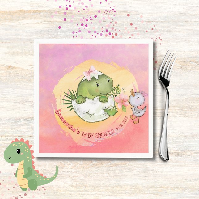 Personalised Round Dino & Duckling Baby Shower  Napkin (Personalized Round Dino & Duckling Baby Shower Napkins)
