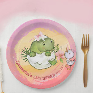 Personalised Round Dino & Duckling Baby Shower  Paper Plate