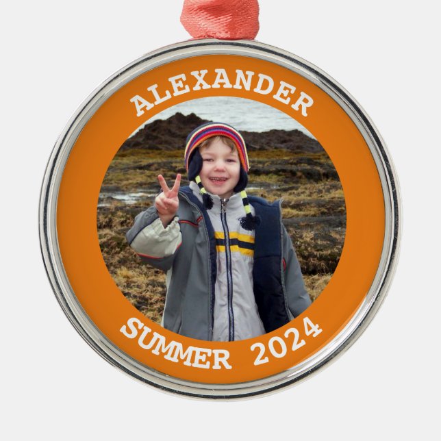 Personalised Round Family Photo Bright Orange Metal Ornament (Front)