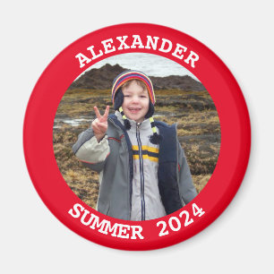 Personalised Round Family Photo Bright Red Magnet