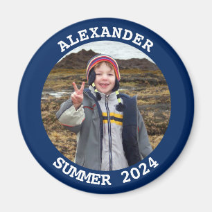 Personalised Round Family Photo Navy Magnet