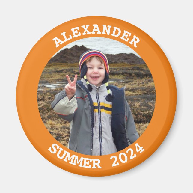 Personalised Round Family Photo Orange Magnet (Front)
