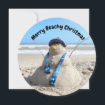 Personalised Round Florida Snowman Beach Christmas Holiday Card<br><div class="desc">Photo of a sand sculpture snowman - easily customise the text.</div>