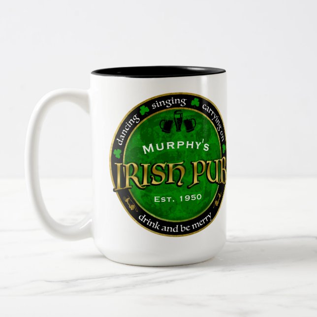 Personalised, Round Irish Pub Logo Two-Tone Coffee Mug (Left)