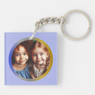 Personalised Round Two Photos, Blue Silver & Gold Key Ring