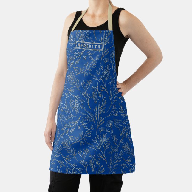 Personalised Royal Blue Gold Abstract Floral Apron (Insitu)