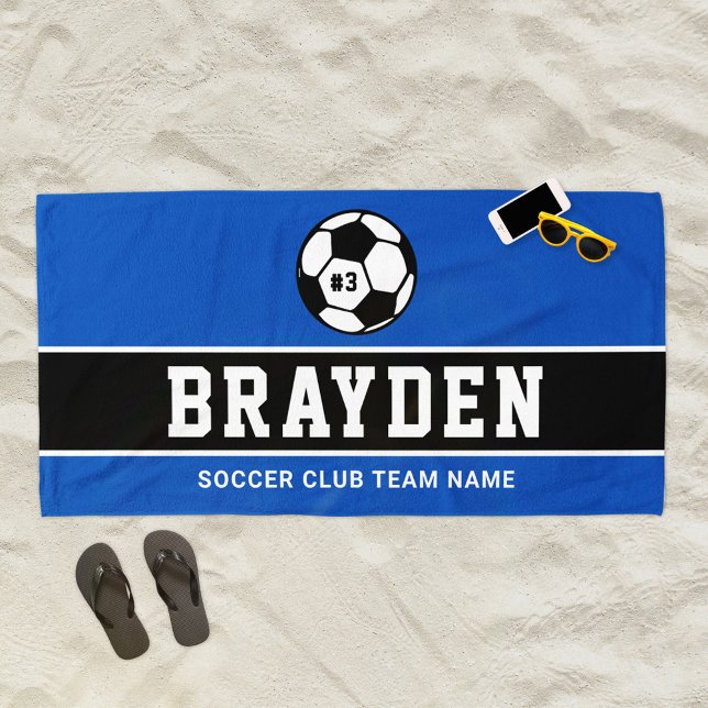 Personalised Royal Blue Soccer Player Name Beach Towel (Creator Uploaded)