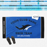 Personalised Royal Blue Swim Team Swimmer Name Beach Towel<br><div class="desc">Personalised swim team pool towel design for swimmers features custom text for the swimmer's first and last name, swim team club name, and mascot or other text. Add your team logo to the dolphin placeholder image. The colour scheme of royal blue, black and white can be modified to coordinate with...</div>