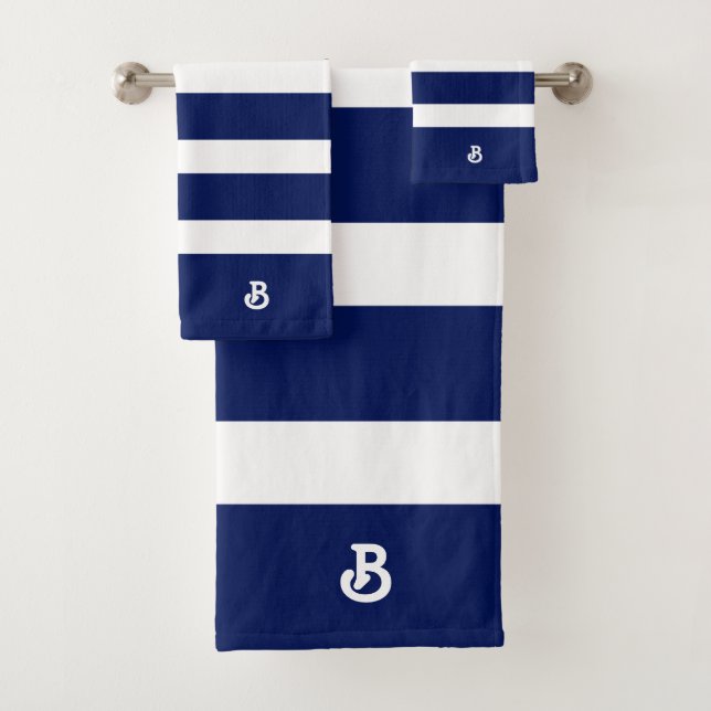 Personalised Royal Blue & White Stripes Pattern Bath Towel Set (Insitu)