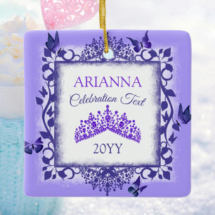 Personalised Royal Purple Tiara & Butterflies Ceramic Ornament