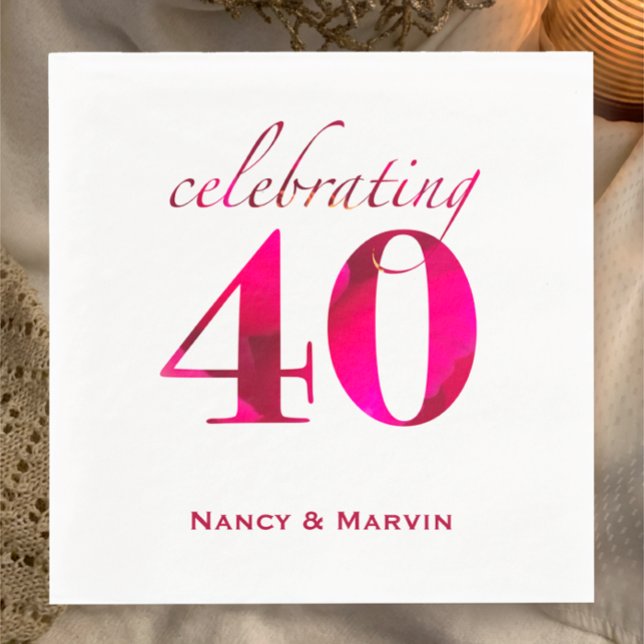 Personalised Ruby 40th Wedding Anniversary Party Napkin (Add couples names to these vibrant ruby red pink floral custom 40th anniversary party napkins
)