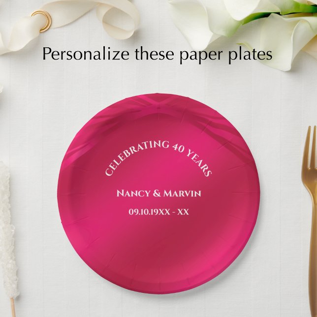 Personalised Ruby 40th Wedding Anniversary Party Paper Plate (Personalize these beautiful ruby red pink 40th wedding anniversary party paper plates.
)