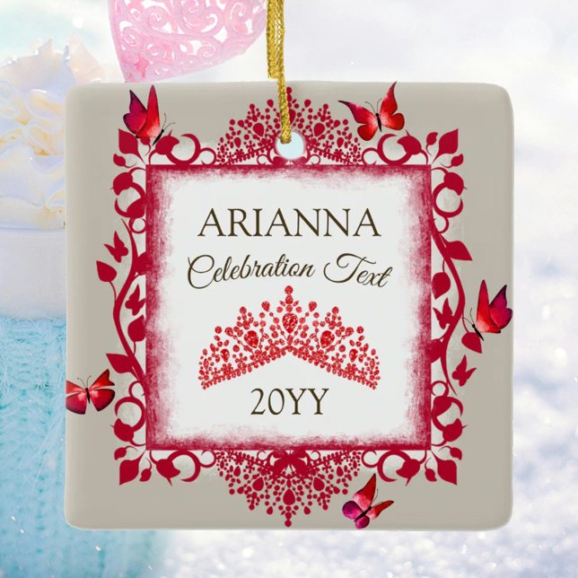 Personalised Ruby Red Tiara & Butterflies Ceramic Ornament (red butterflies & rhinestone tiara tree ornament, congratulations)