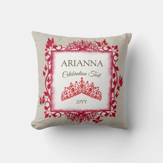 Personalised Ruby Red Tiara & Butterflies Cushion (Front)