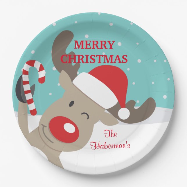 Personalised Rudolph Reindeer with Candy Cane Paper Plate (Front)