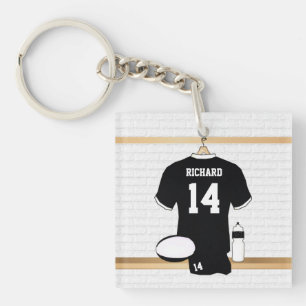 Personalised Rugby Jersey Black and White Key Ring