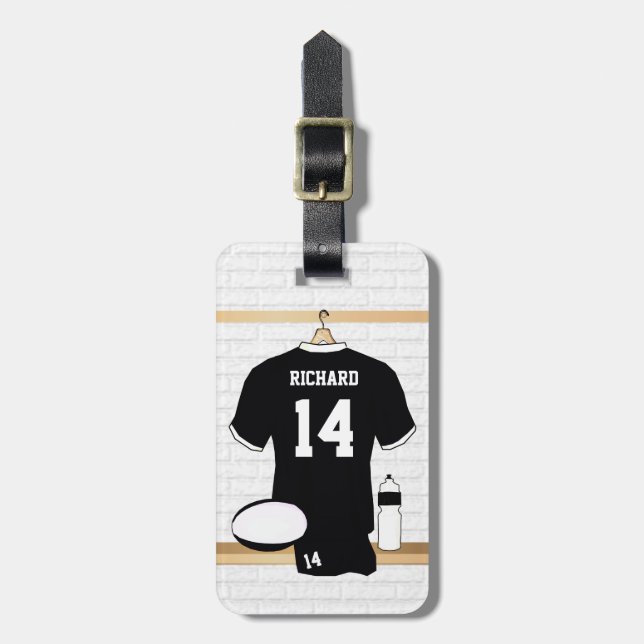 Personalised Rugby Jersey Black and White Luggage Tag (Front Vertical)