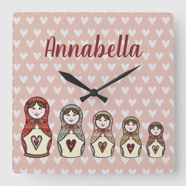 Personalised Russian Nesting Matryoshka Doll Square Wall Clock (Front)