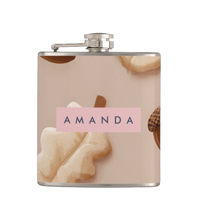 Personalised Rustic Acorn & Oak Leaf Pattern  Hip Flask (Front)