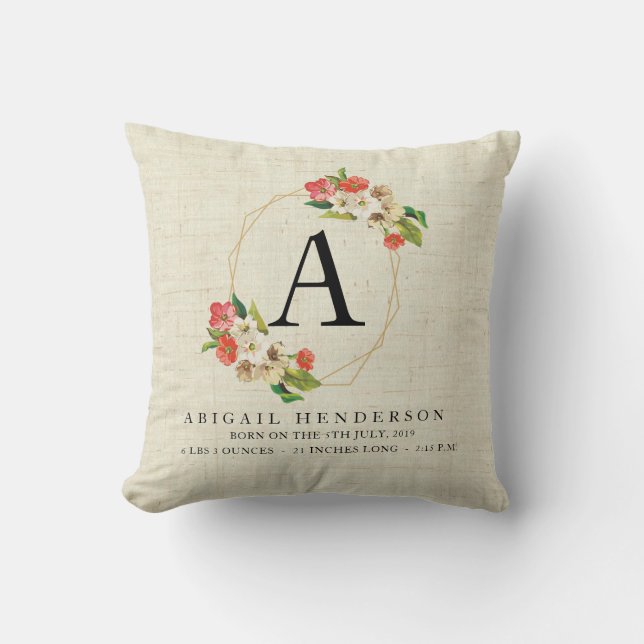 Personalised Rustic Baby Birth Stats Pillow (Front)