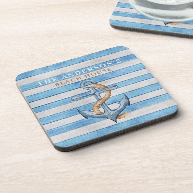 Personalised Rustic Beach House Nautical Stripes Coaster (Left Side)