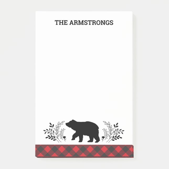 Personalised Rustic Bear Buffalo Plaid Post-it Notes (Front)
