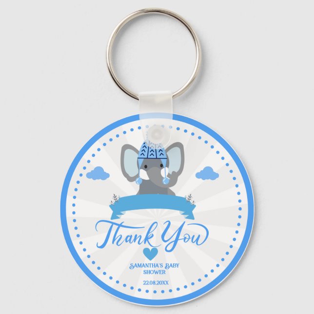 Personalised Rustic Blue Elephant  boy Baby Shower Key Ring (Front)