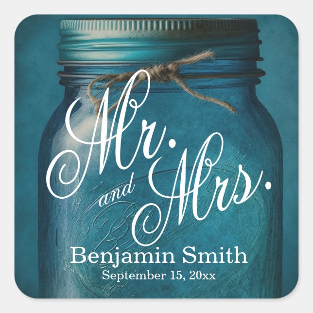 Personalised Rustic Blue Glass Mason Jar Wedding Square Sticker (Front)