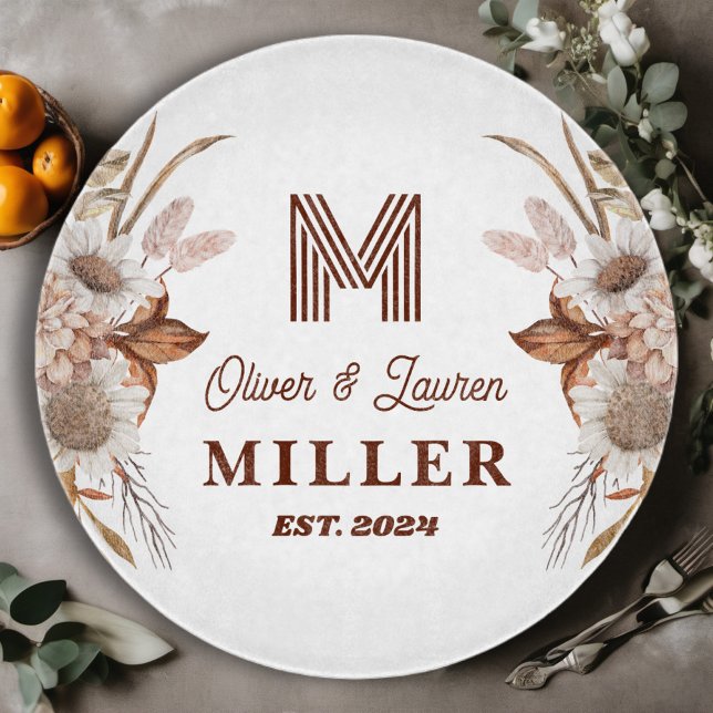 Personalised Rustic Boho Floral Monogram Couple Cutting Board (Creator Uploaded)