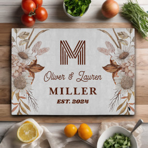 Personalised Rustic Boho Floral Monogram Couple Cutting Board