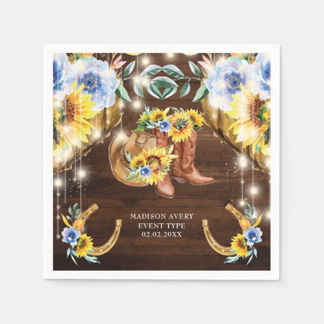 Personalised Rustic Boots Floral String Lights  Napkin (Front)